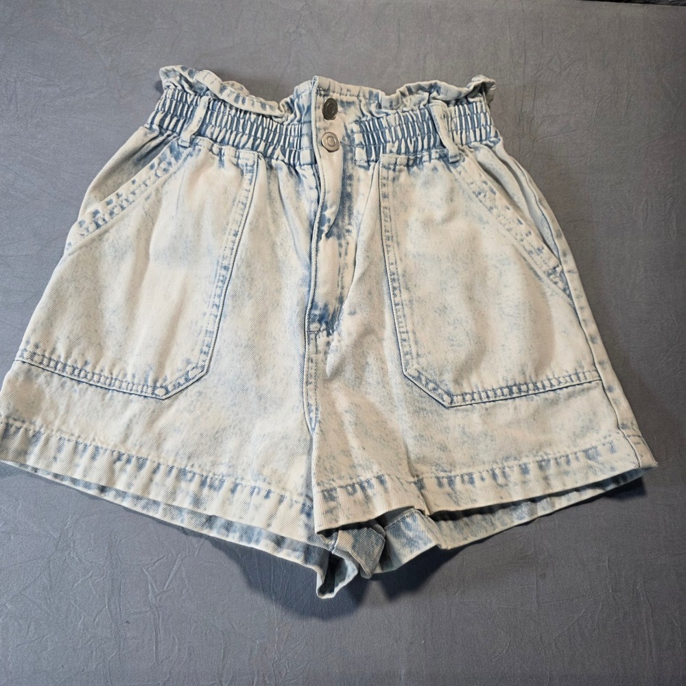 Skies Are Blue Womens Acid Wash‎ Paperbag Waist Denim Shorts Light Blue Small